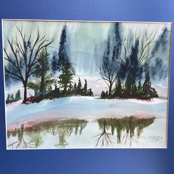 ORIGINAL SIGNED WATERCOLOR LANDSCAPE PINE TREE SNOW BANK LAKE REFLECTION MATTED